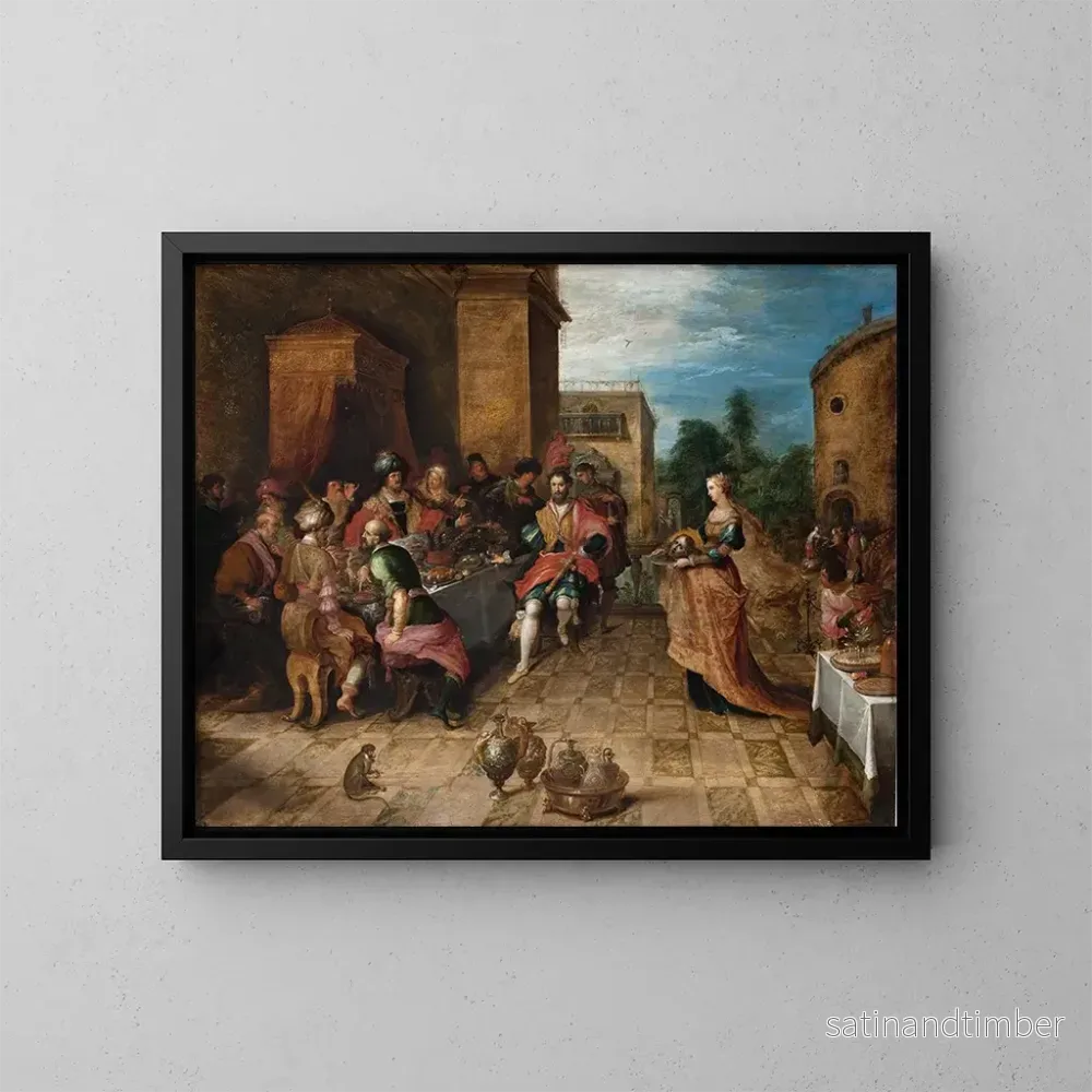 Reproduktion av målningen av Hérodes festmåltid, Salome presenterar Johannes Döparens huvud - Frans Francken den yngre