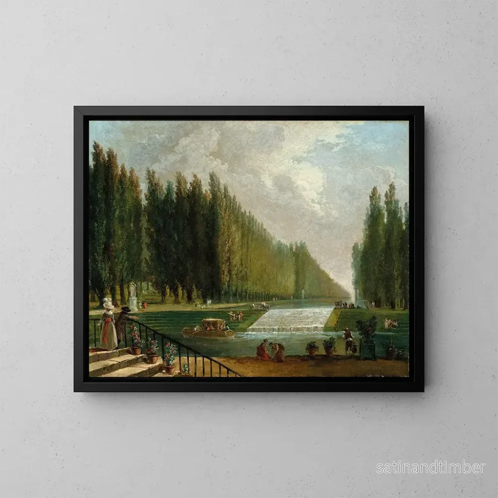 Reproduktion av målningen av parken i en landsvillavilla med personer som promenerar nära ett vattenfall - Hubert Robert