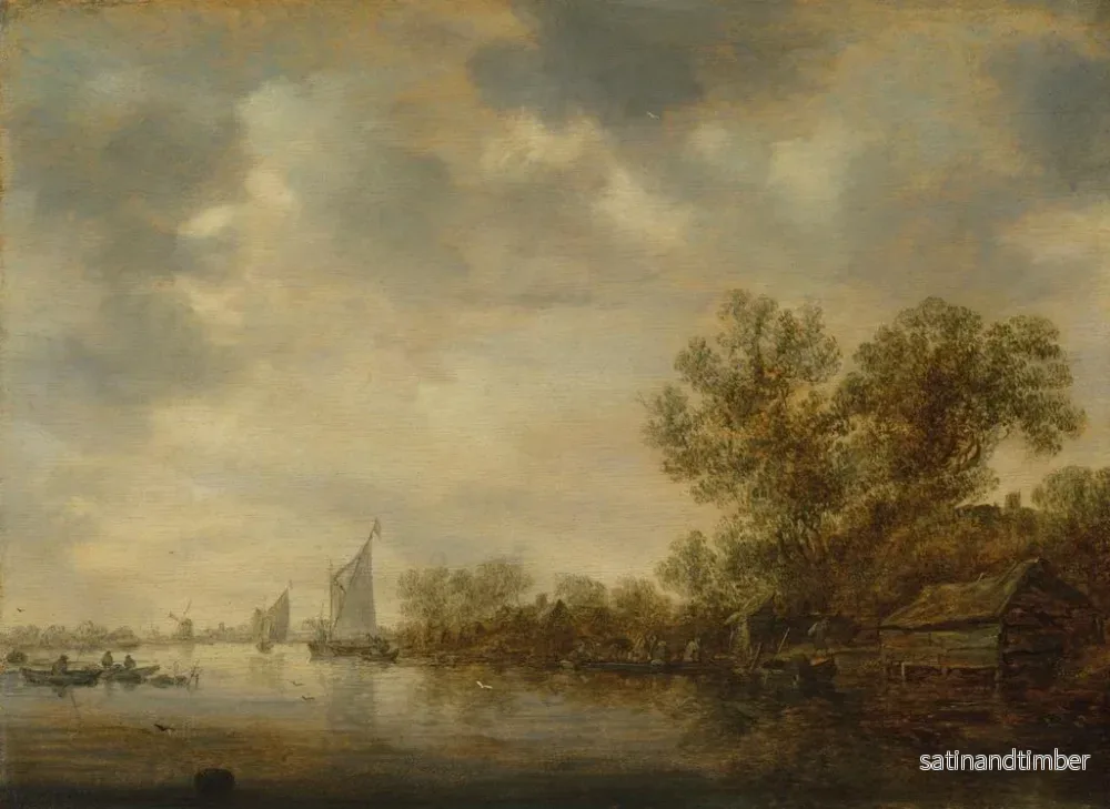 Reproduktion av målningen av ett flodlandskap med segelbåtar, fiskebåtar och en färja med bönder och boskap - Jan van Goyen - Bild 2