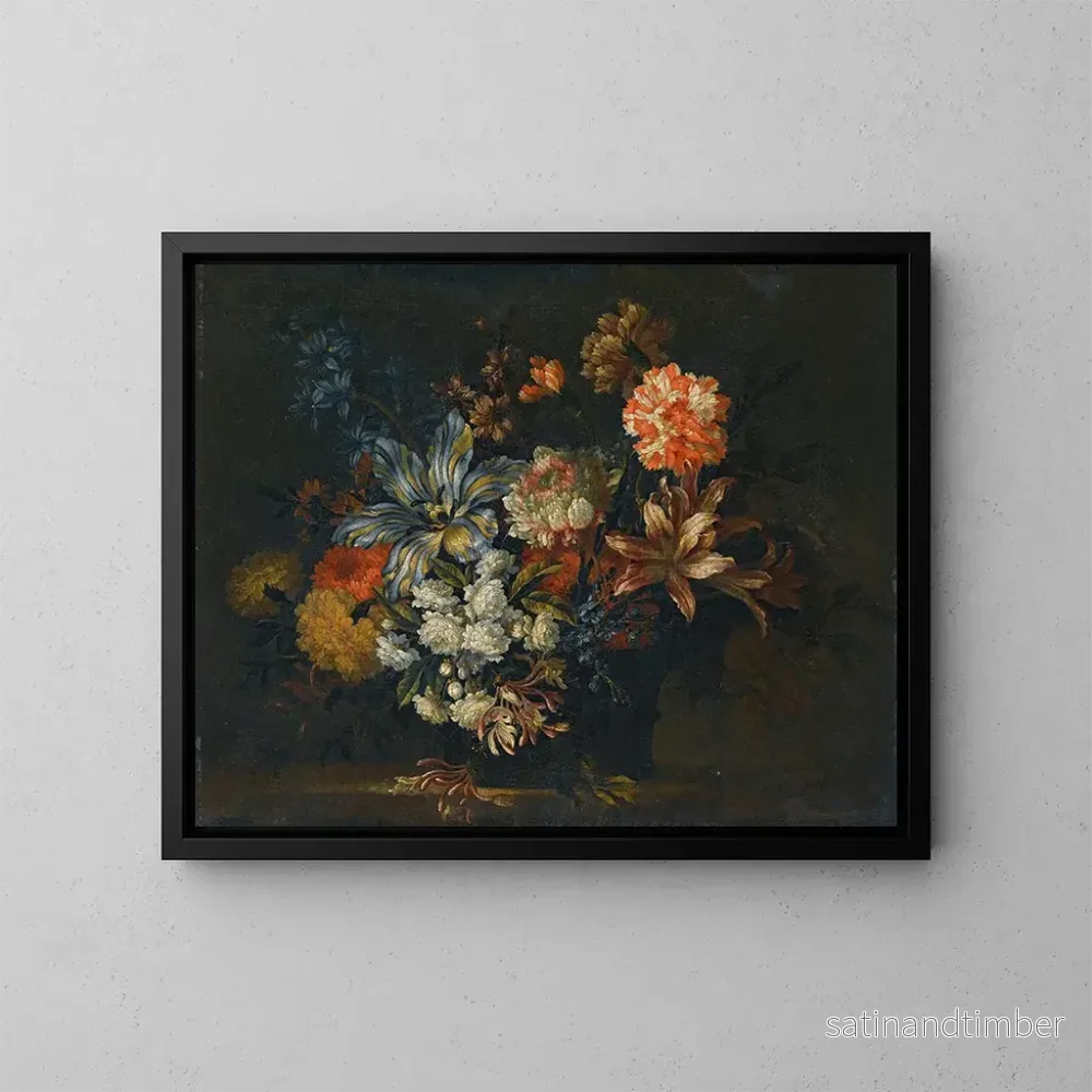Reproduktion av målningen av stillleben med ljus, kaprifol och andra blommor i en vas på en fönsterbräda - Jean-Baptiste Monnoyer