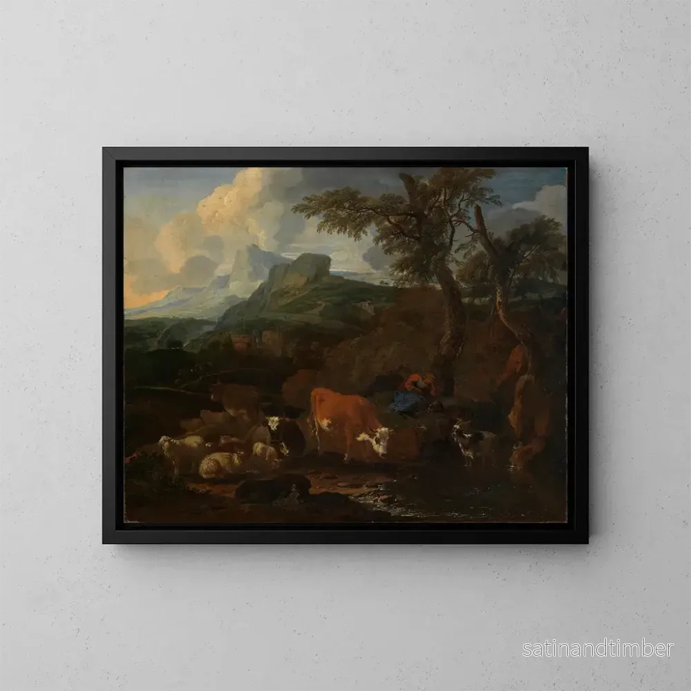 Reproduktion av målningen Bergère som vilar med en hjord i ett sydländskt landskap - Michiel Carré