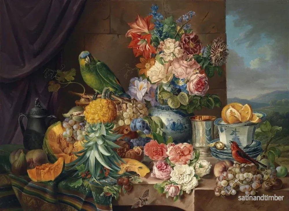 Reproduktion av målningen Naturmörker med frukt, blommor och papegoja - Josef Schuster - Bild 2