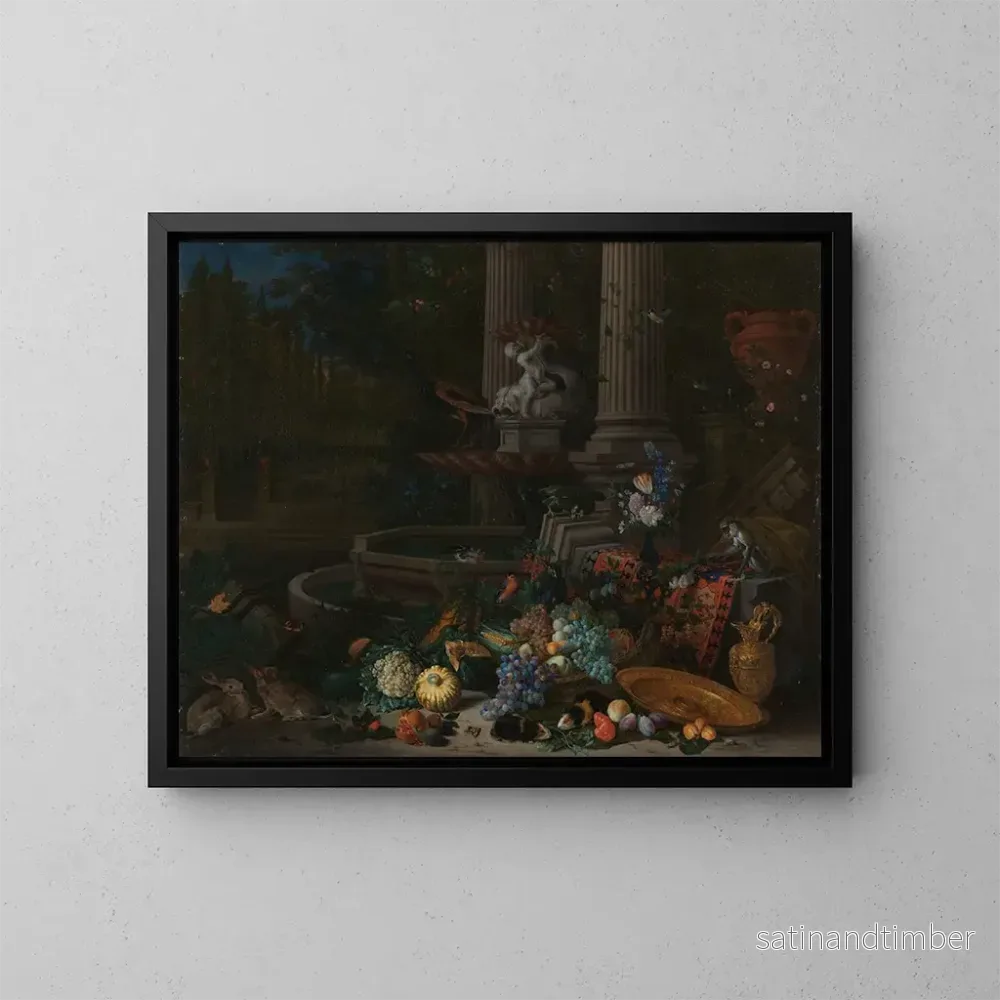 Reproduktion av målningen av still life med grönsaker framför en upp-och-nedvänd draperad piedestal nära en ornamenterad fontän - Peeter Gijsels