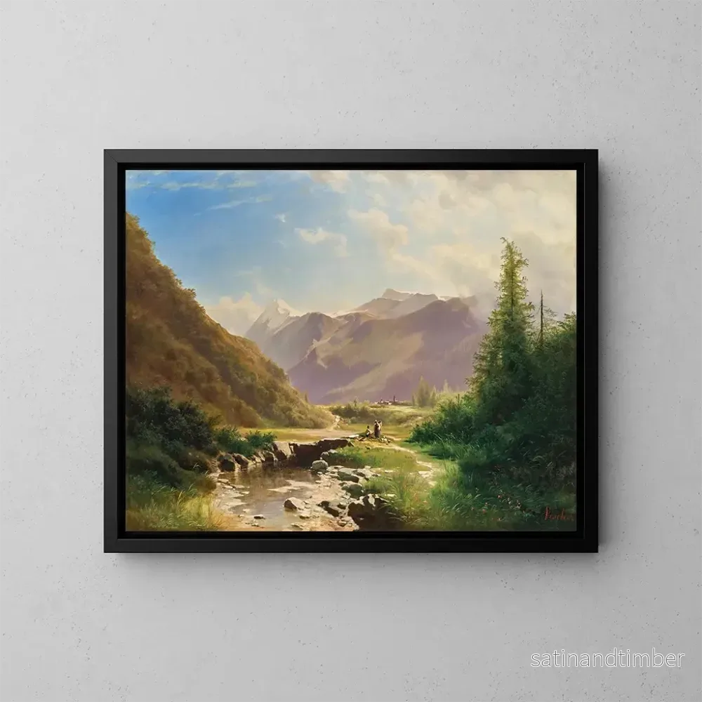 Reproduktion av målningen av bergsängar vilande i ett vidsträckt bergslandskap - Leopold Heinrich Vöscher