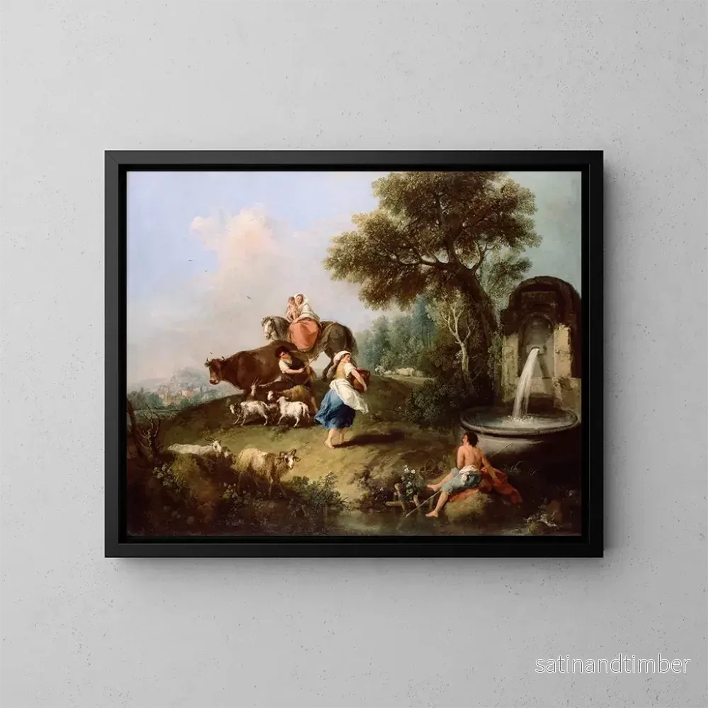 Reproduktion av målningen Landskapsbild med en fontän, figurer och djur - Francesco Zuccarelli