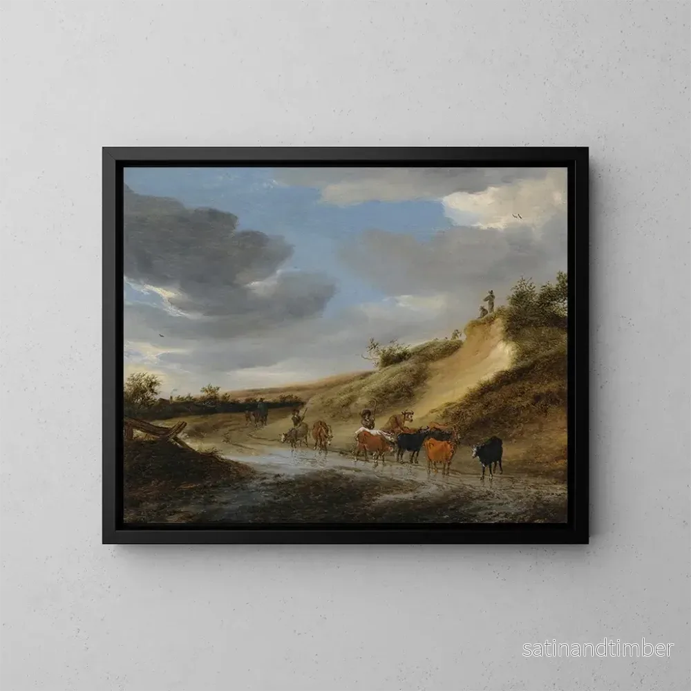 Reproduktion av målningen En stor landskap med boskap och deras herdar som följer en landsväg delvis översvämmad - Salomon van Ruysdael