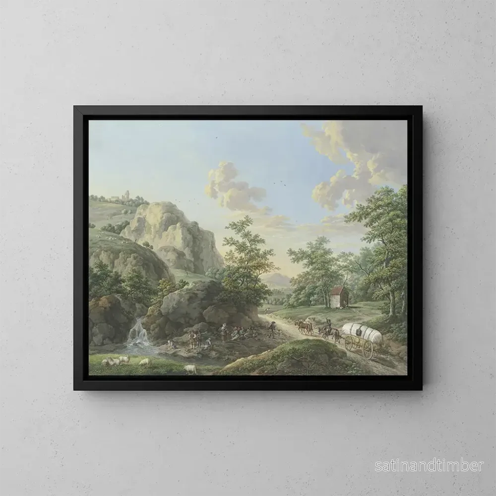 Reproduktion av målningen landskapsbild av berg med en vagn på vägen till höger - Karl Franz Kraul