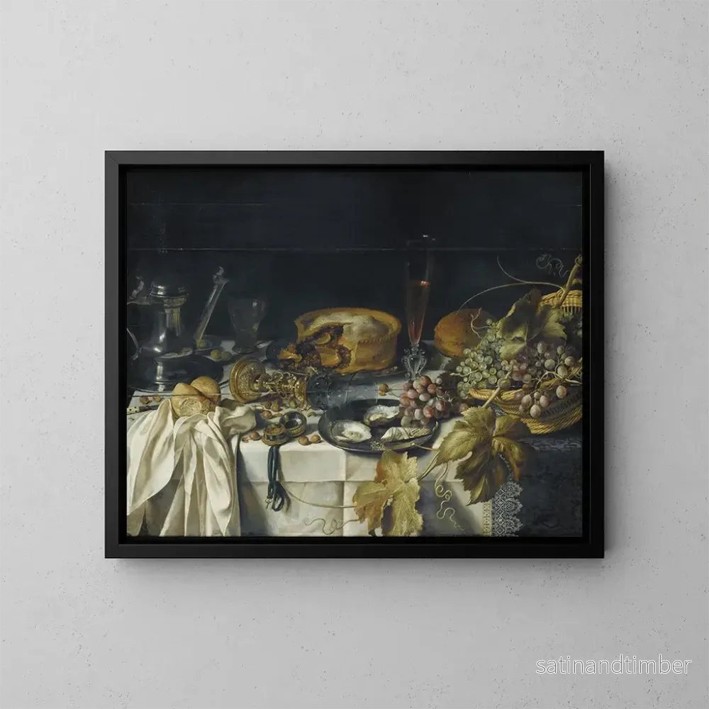 Reproduktion av målningen Naturstilleben med en korg med druvor, en tennkanna och ett ur - Pieter Claesz
