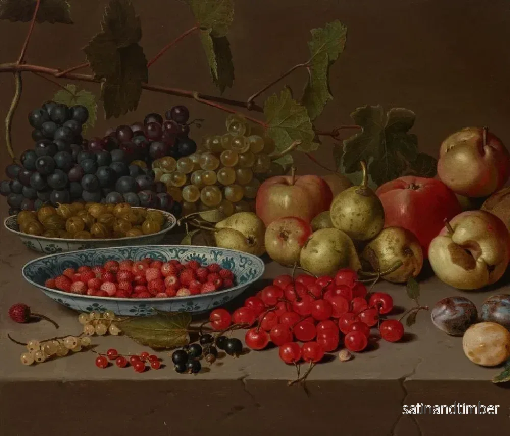 Reproduktion av målningen av ett fat med körsbär och vilda jordgubbar med druvor, äpplen, päron, plommon och andra frukter på en stenbänk - Floris van Schooten - Bild 2