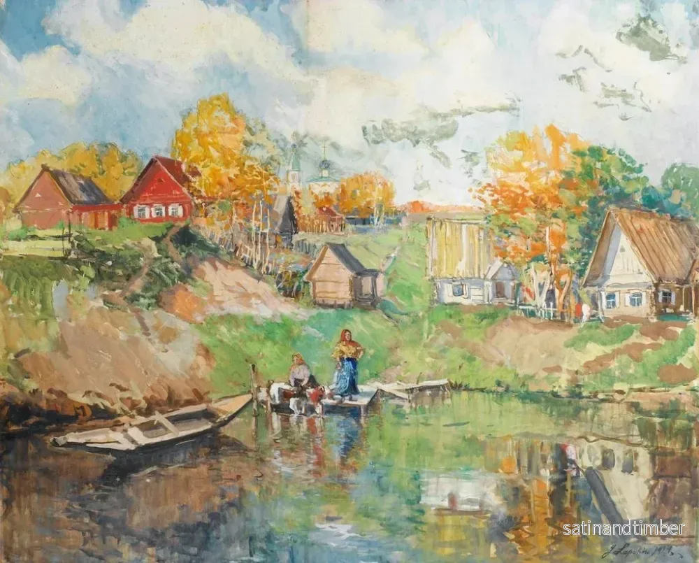 Reproduktion av målningen av by vid en sjö i Ryssland - Georgy Alexandrovich Lapchine - Bild 2