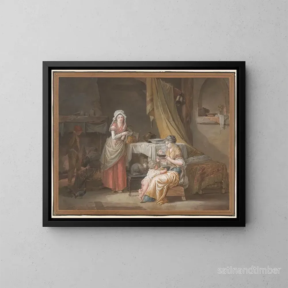Reproduktion av målningen Inomhusmålning med en ung kvinna och en barnsköterska som matar ett barn – Jean-Baptiste Mallet Reproduktion av målningen Inomhusmålning med en ung kvinna och en barnsköterska som matar ett barn – Jean-Baptiste Mallet