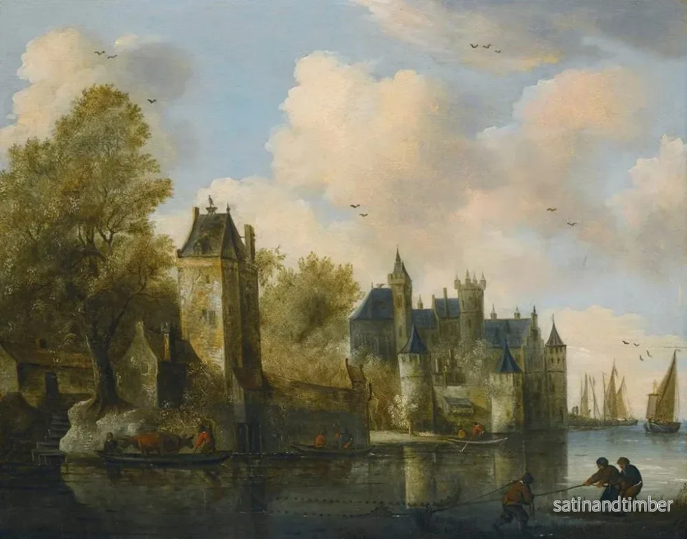 Reproduktion av målningen En stad med befästningar vid en flod med en färja - Salomon van Ruysdael-skolan - Bild 2