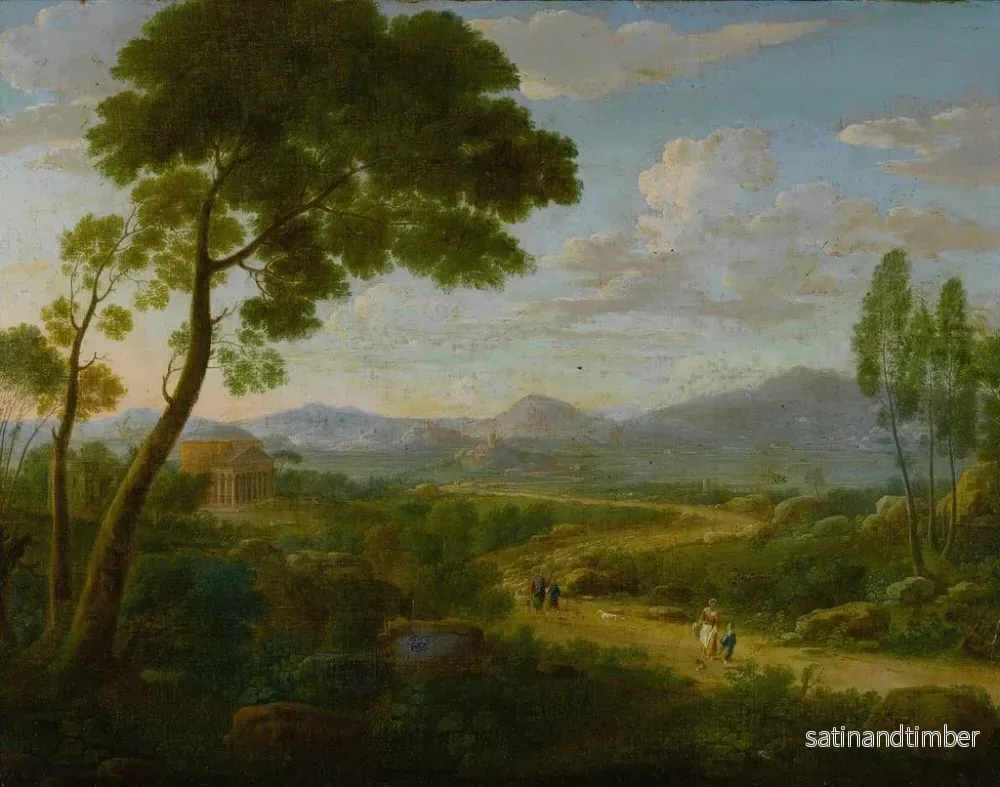 Reproduktion av målningen av ett landskapsmålning med resenärer på en väg, romerska tempel i fjärran - Hendrik Frans van Lint - Bild 2