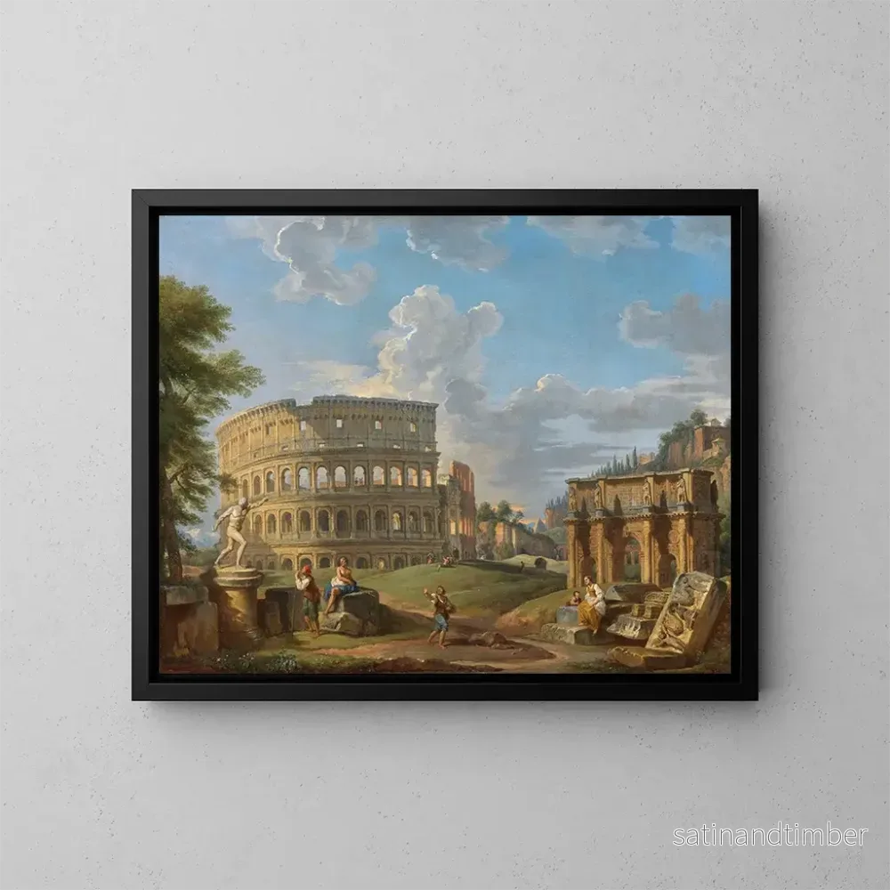 Reproduktion av målningen Landskapsmålning med Colosseum och Konstantins båge i Rom - Giovanni Paolo Panini
