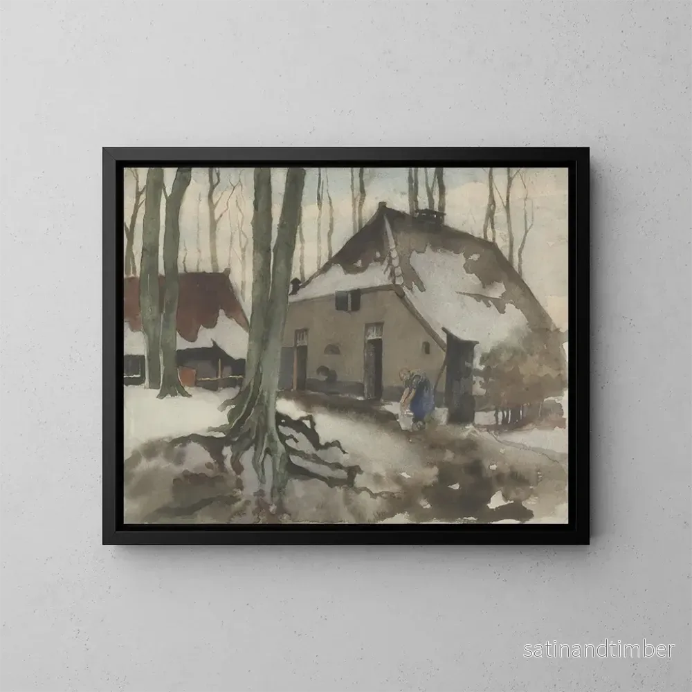 Reproduktion av målningen kvinna framför ett hus i en snötäckt skog - Willem Witsen