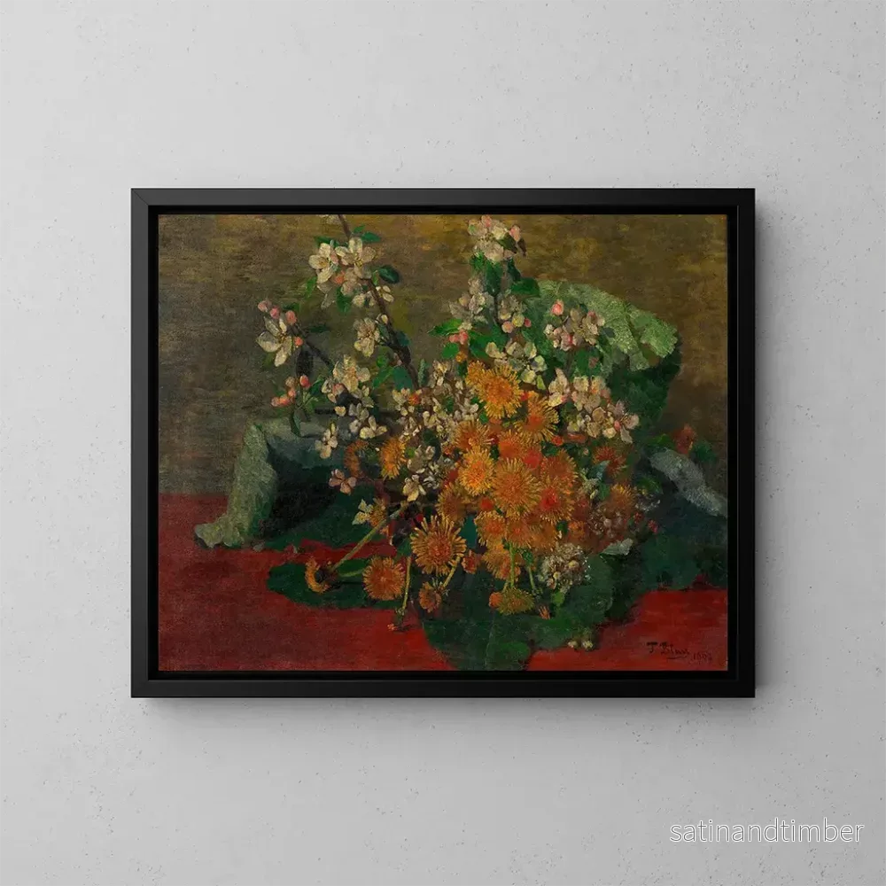 Reproduktion av målningen Bouquet de pissenlits et de fleurs de pommier - Tina Blau