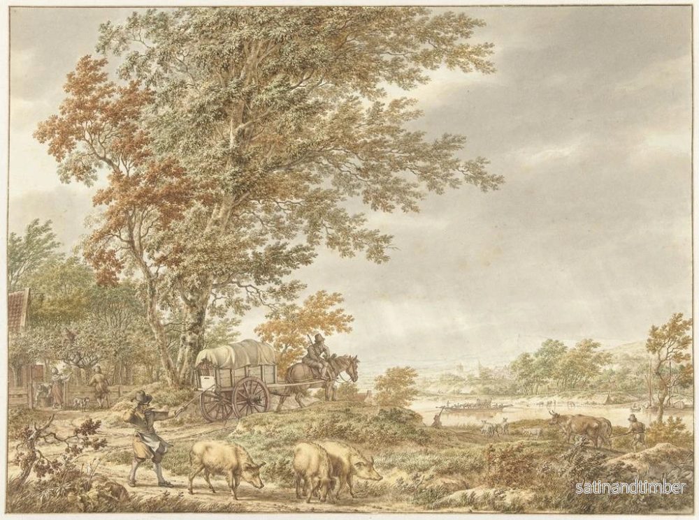 Reproduktion av målningen landskapsbild av kullar med en grisvakt och andra element, en flod i fjärran - Jacob Cats - Bild 2