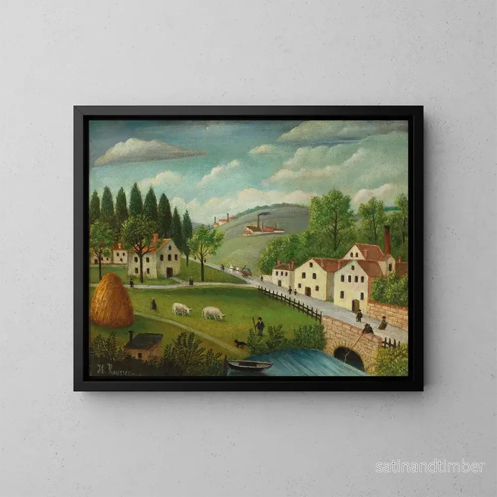 Reproduktion av målningen Landskapsmålning med landskap, bäck, fiskare och promenadgäster - Henri Rousseau