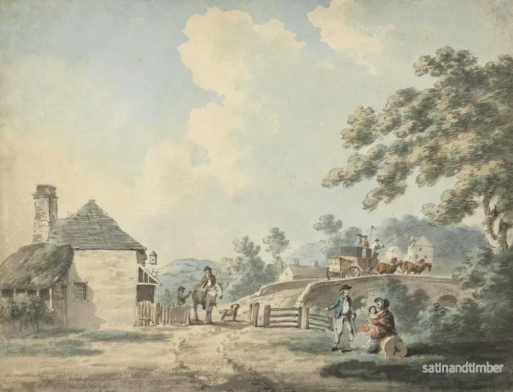 Reproduktion av målningen La maison de péage avec une diligence traversant le pont - Samuel Howitt - Bild 2