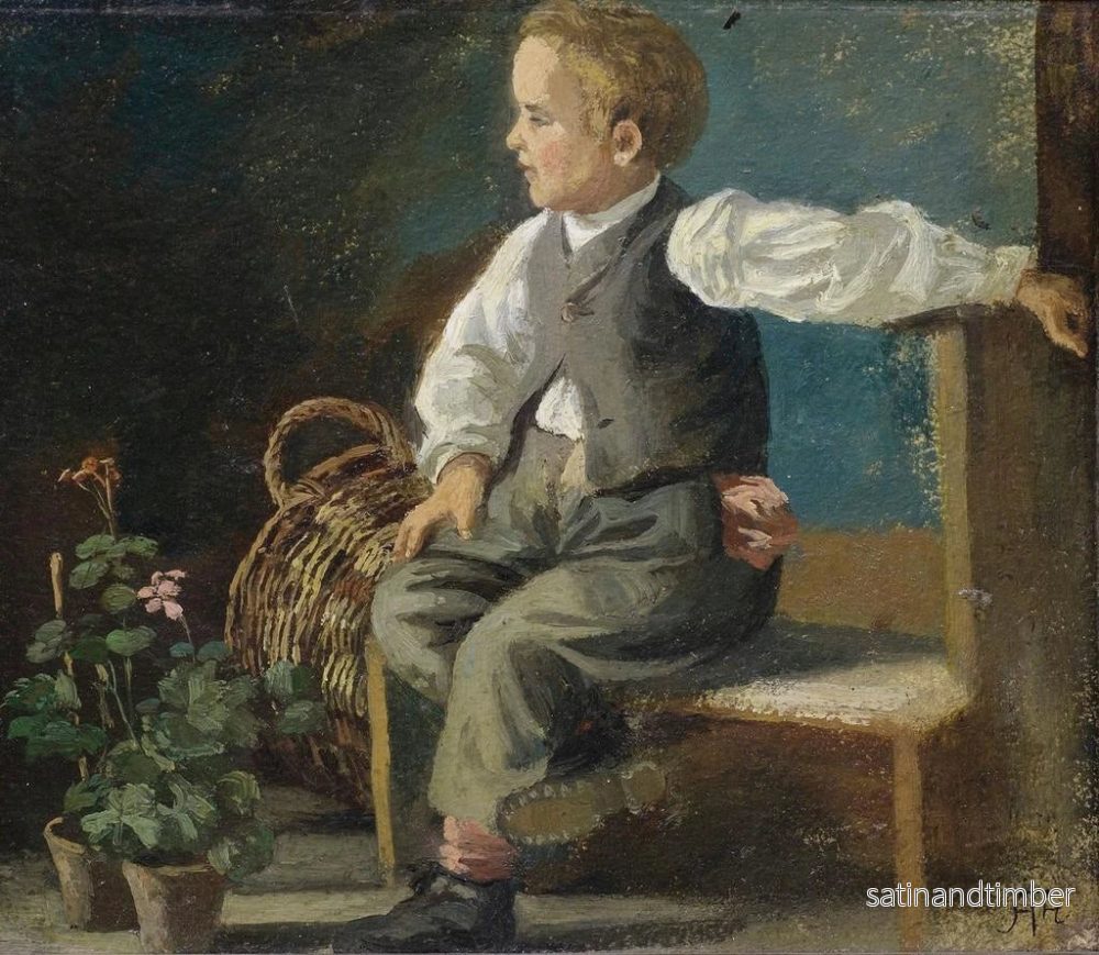 Reproduktion av målningen En ung pojke på en bänk med blomkrukor och en korg i rotting - Hans Thoma - Bild 2