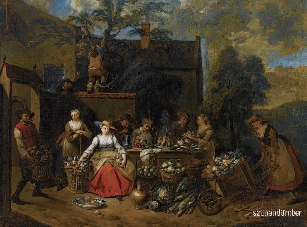 Reproduktion av målningen En elegant kompanjon i ett landskap bland olika frukter och grönsaker, en kvinna med en skottkärra som går in från höger - Jan Baptist Lambrechts - Bild 2