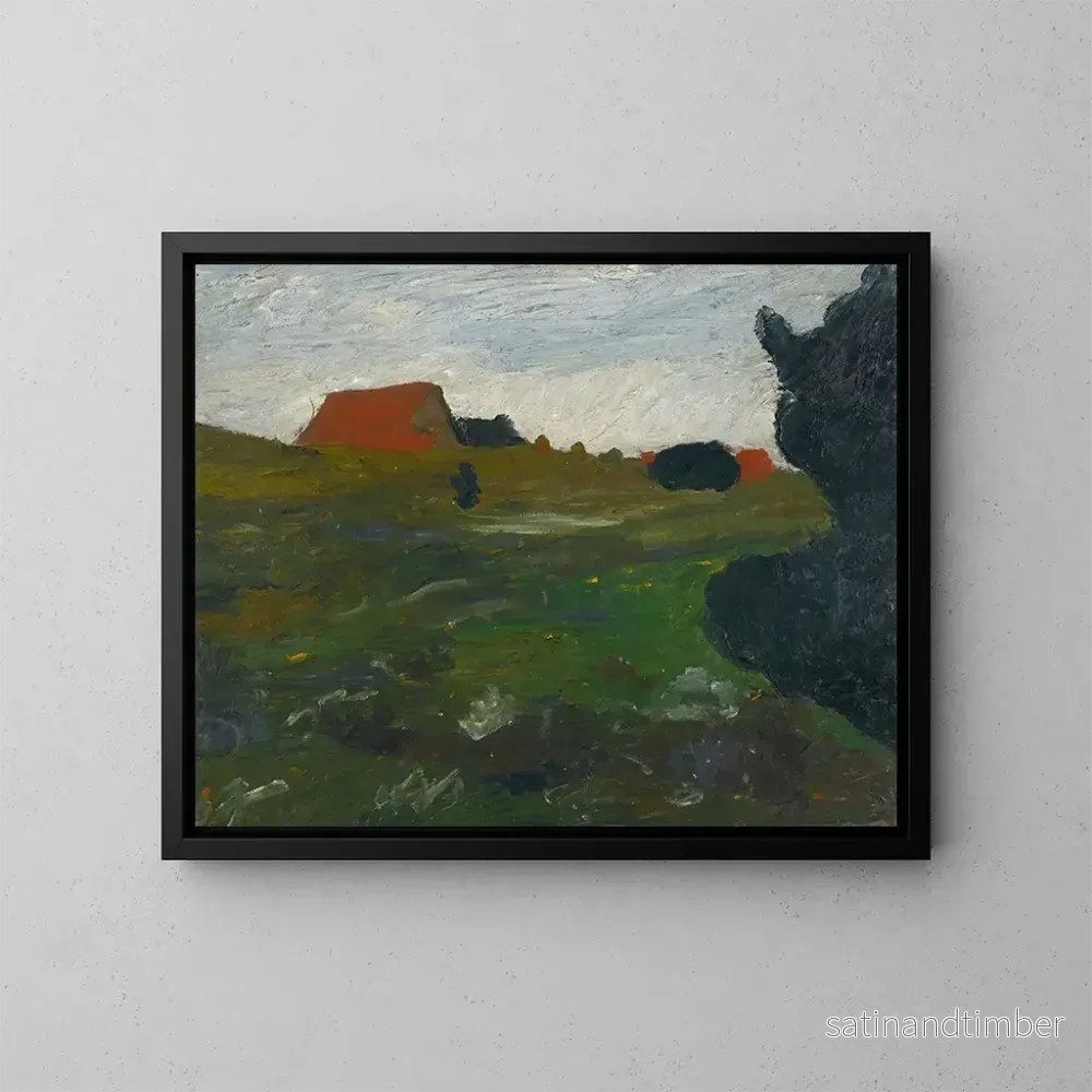 Reproduktion av målningen Landskap med buske och röda hus – Paula Modersohn-Becker
