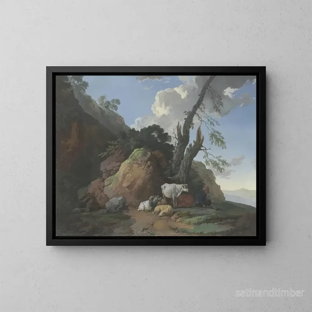 Reproduktion av målningen landskapsbild med klippa med en herde, två getter, två får och en get - Christian Wilhelm Ernst Dietrich