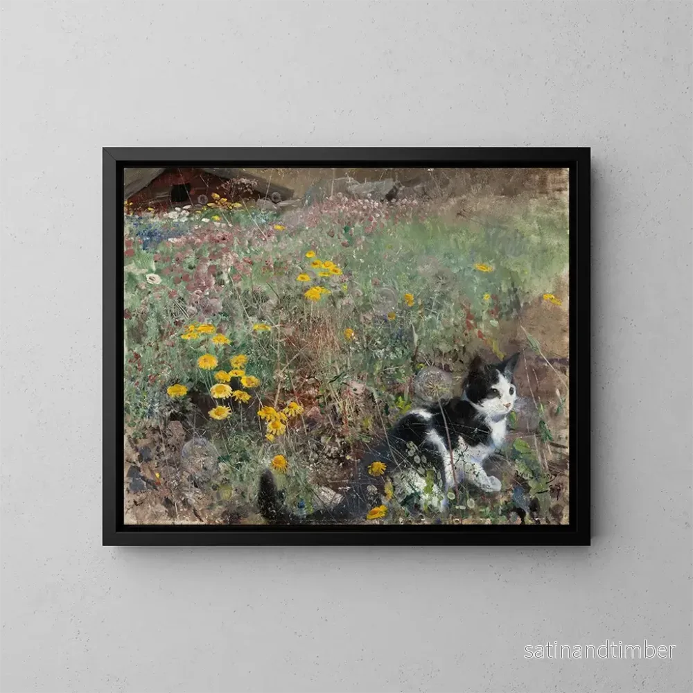 Reproduktion av målningen av en katt i en blommande äng - Bruno Liljefors