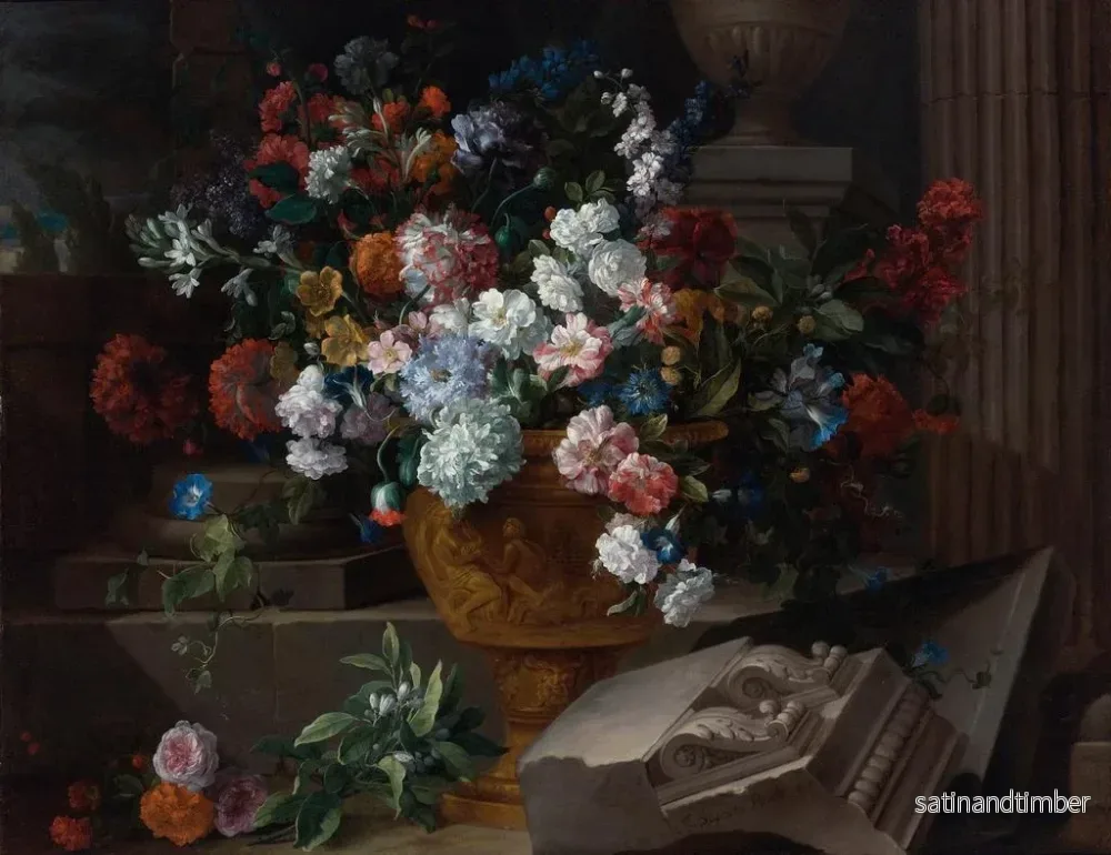 Reproduktion av målningen av stilleben med blommor i en skulpterad urna med arkitektoniska fragment på en terrass - Jean-Baptiste Monnoyer - Bild 2