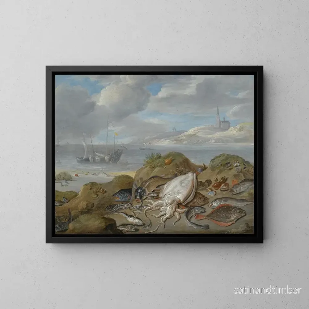 Reproduktion av målningen av still life med en bläckfiskfisk, en plattfisk, torsk, musslor och andra fiskar på en sanddyn, en kyrka på andra sidan en estuarium - Jan van Kessel den äldre