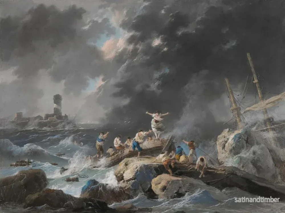 Reproduktion av målningen En skeppsbrott på en kust under en storm med ett fyrtorn i fjärran - Jean-Baptiste Pillement - Bild 2