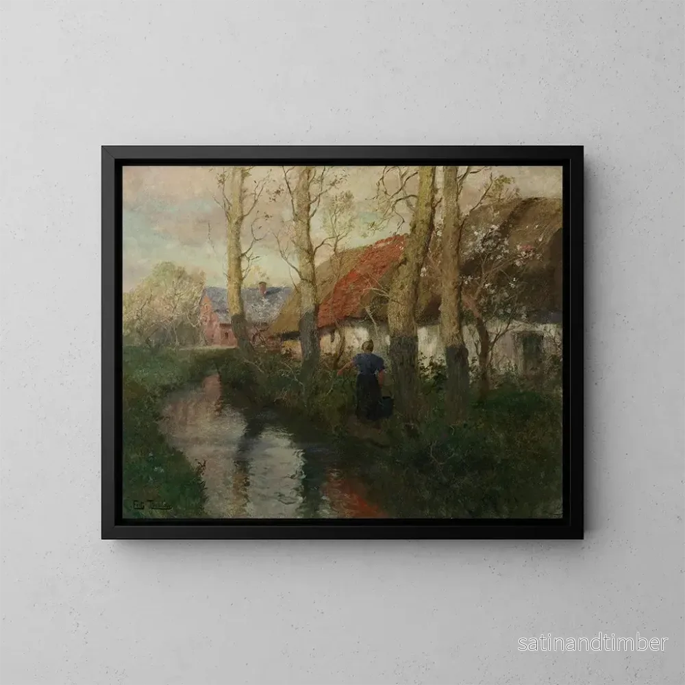 Reproduktion av målningen En flod i Normandie med en kvinna som bär vatten - Frits Thaulow