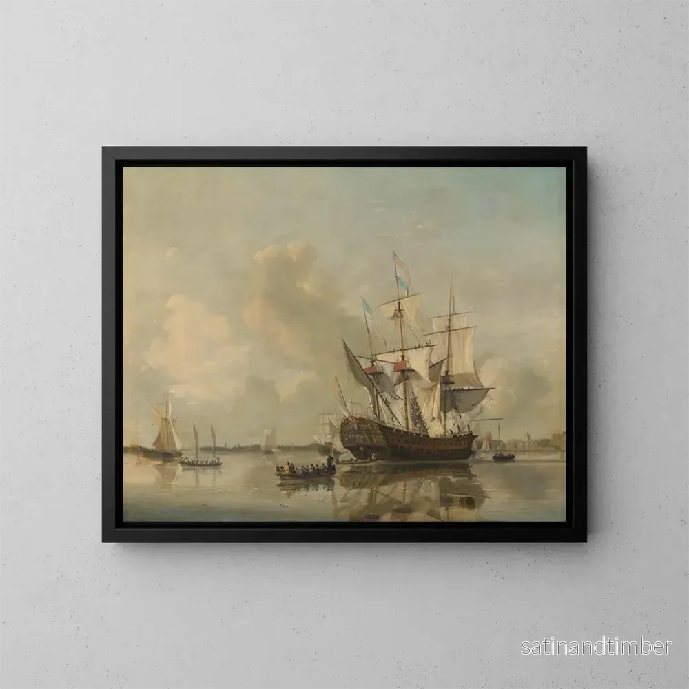 Reproduktion av målningen La frégate navale Rotterdam sur la Meuse près de Rotterdam - Nicolaas Baur