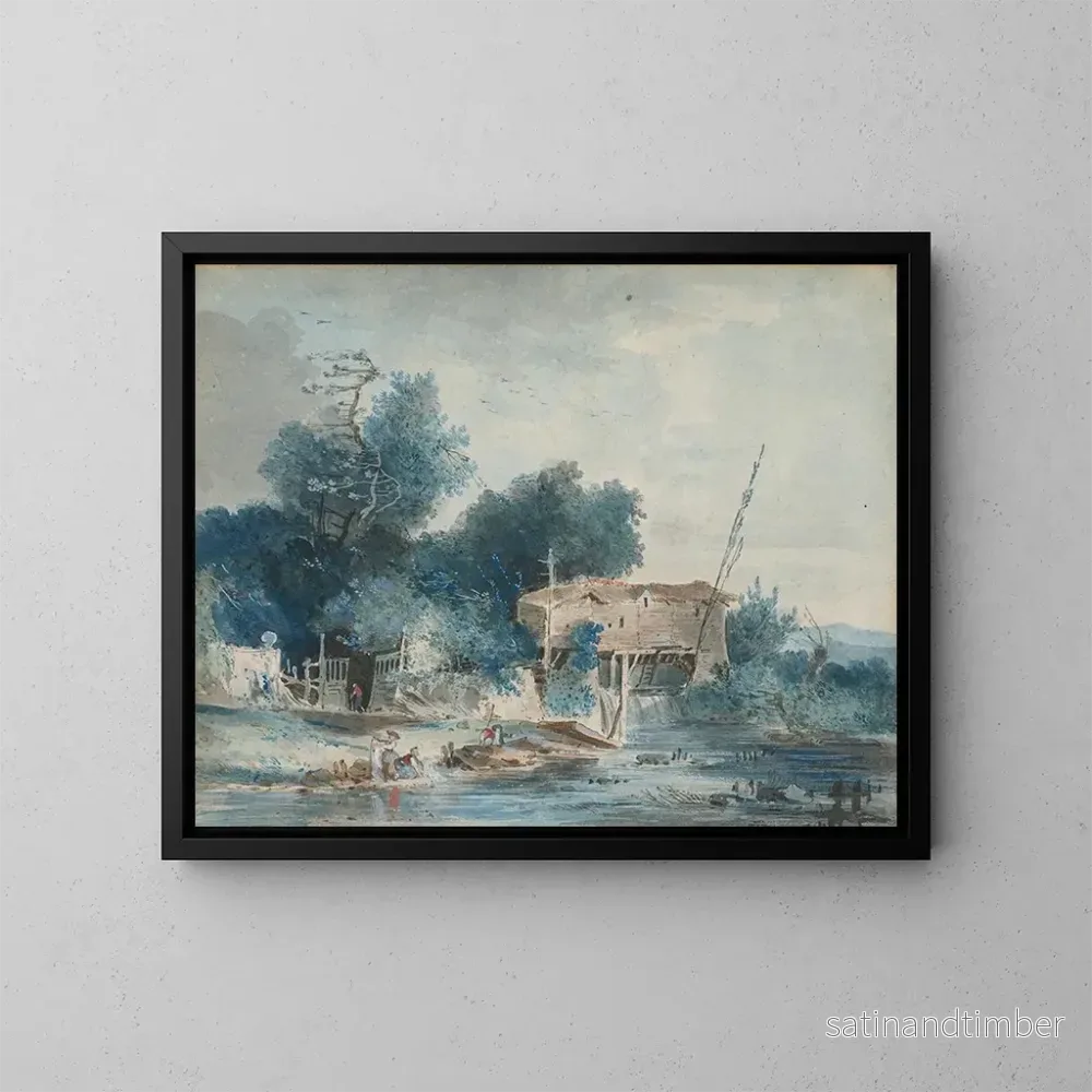 Reproduktion av målningen av ett flodlandskap med tvättare nära en kvarn - Louis Gabriel Moreau