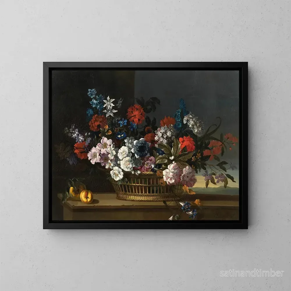 Reproduktion av målningen Blandade blommor i en korg bredvid persikor på ett bord, ett landskap bortom – Pieter Casteels III