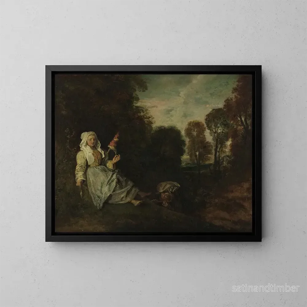 Reproduktion av målningen Landskap av kvällen med en spinnerska – Jean-Antoine Watteau Reproduktion av målningen Landskap av kvällen med en spinnerska – Jean-Antoine Watteau