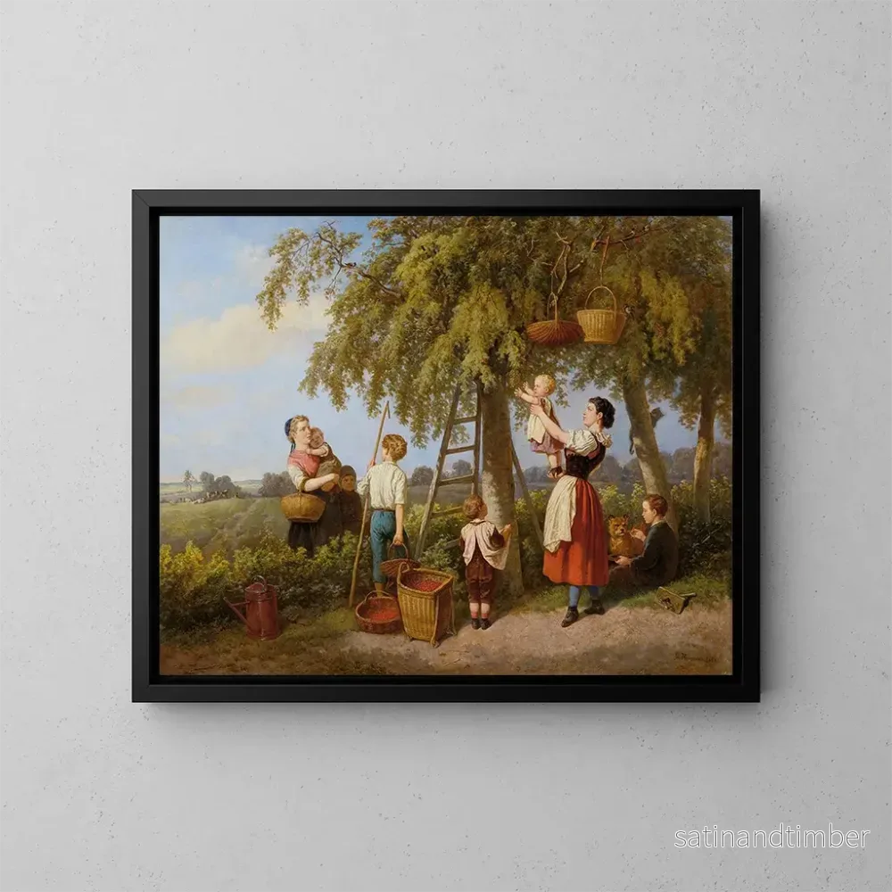 Reproduktion av målningen La récolte des cerises, famille de paysans dans le verger - Theodor Hosemann