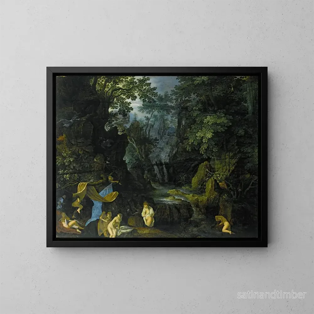 Reproduktion av målningen En skogsscen med nymfer som badar och Leda och svanen - Roelant Savery