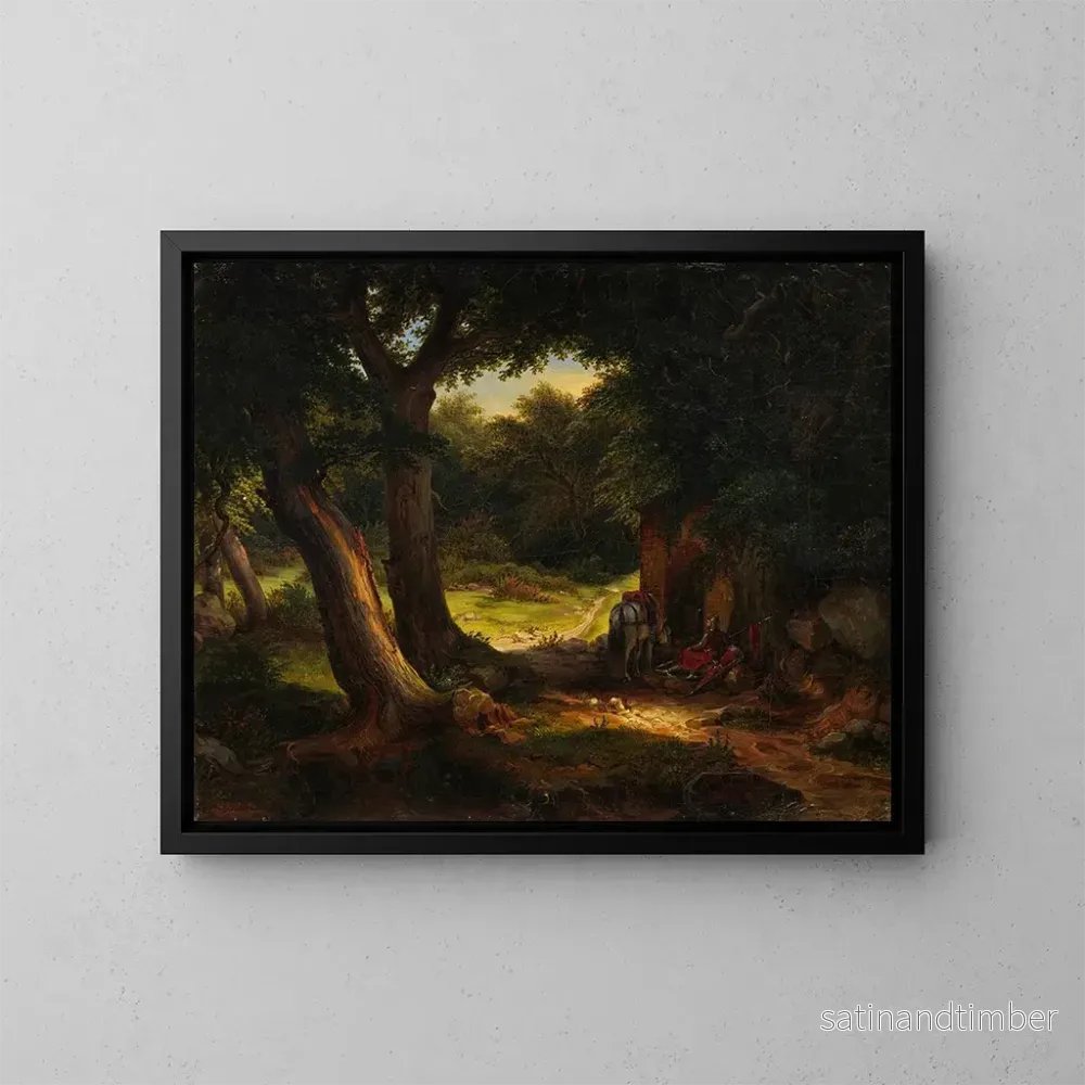 Reproduktion av målningen av ek med ett korsande vilande nära en brunn - Karl Friedrich Lessing