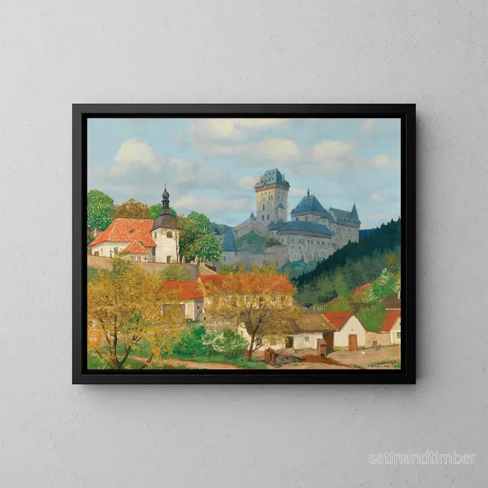 Reproduktion av målningen Vue du château de Karlštejn près de Prague - Tavík František Šimon