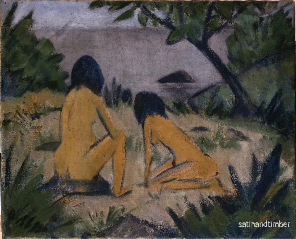 Reproduktion av målningen av sittande och knästående figurer vid stranden av Moritzburgsjöarna - Otto Mueller - Bild 2