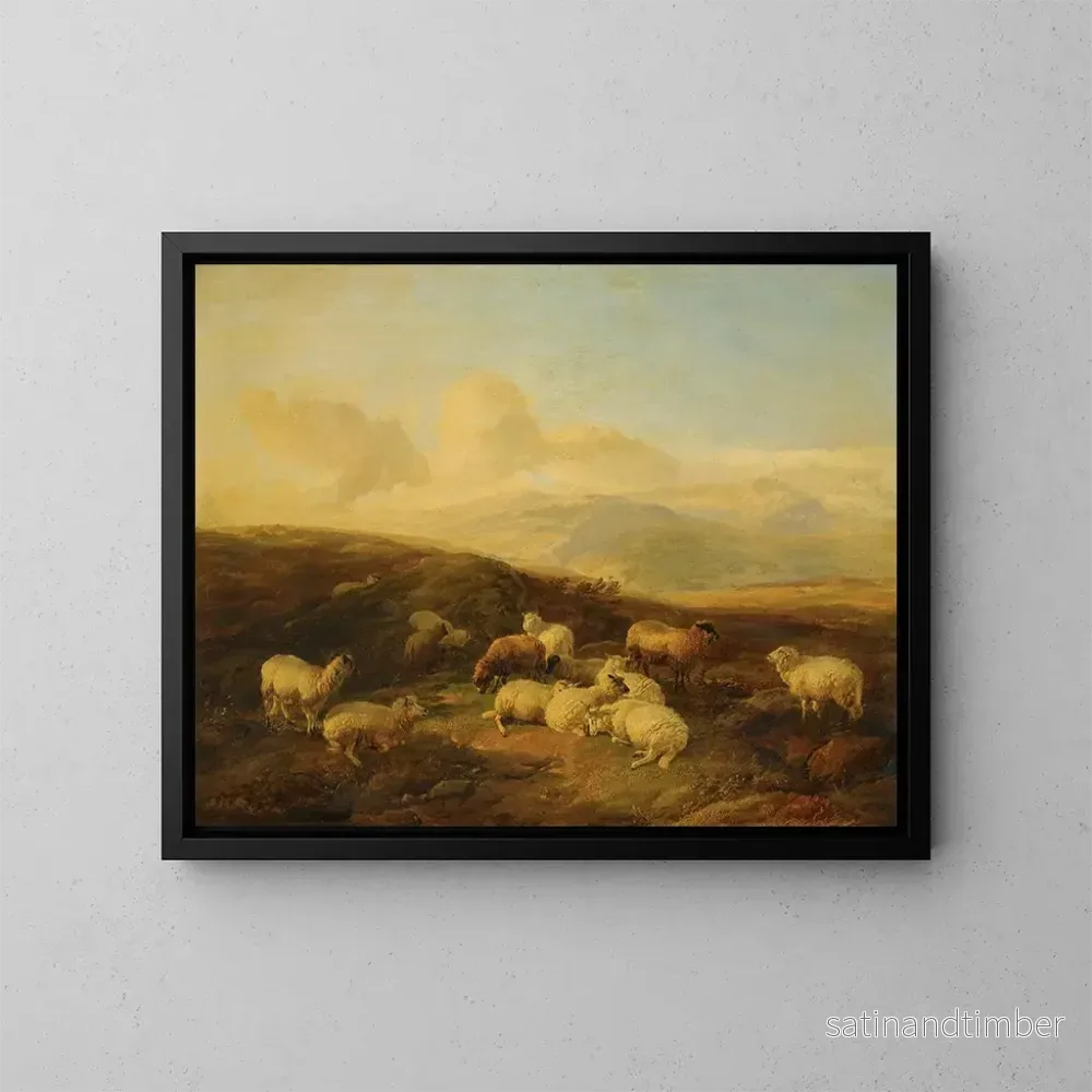 Reproduktion av målningen får Sheep in a Heathland Landscape - Thomas Sidney Cooper