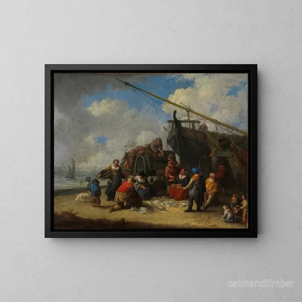 Reproduktion av målningen av Fiskmarknad på stranden - Pieter Bout