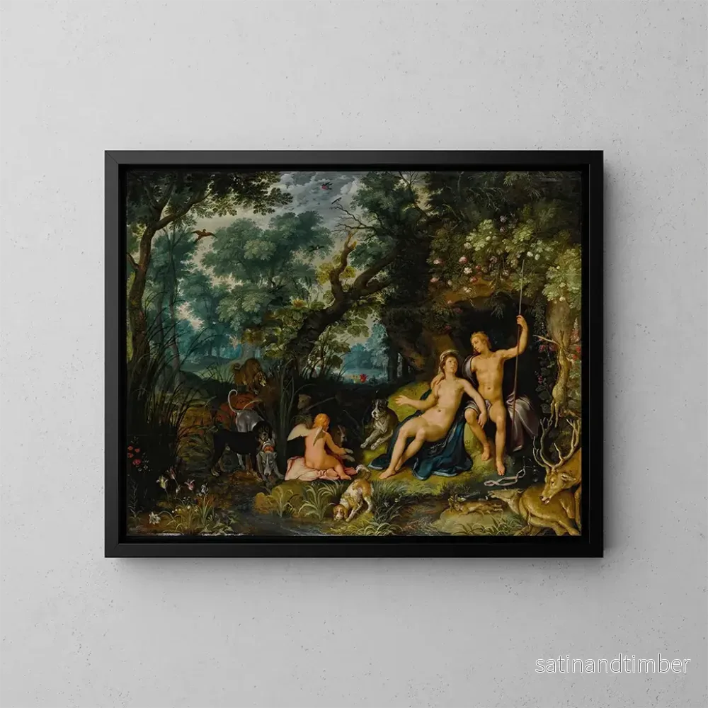 Reproduktion av målningen Venus och Adonis vilande i ett vidsträckt landskap med Cupido, jakthundar och deras byten - Cornelis Cornelisz van Haarlem