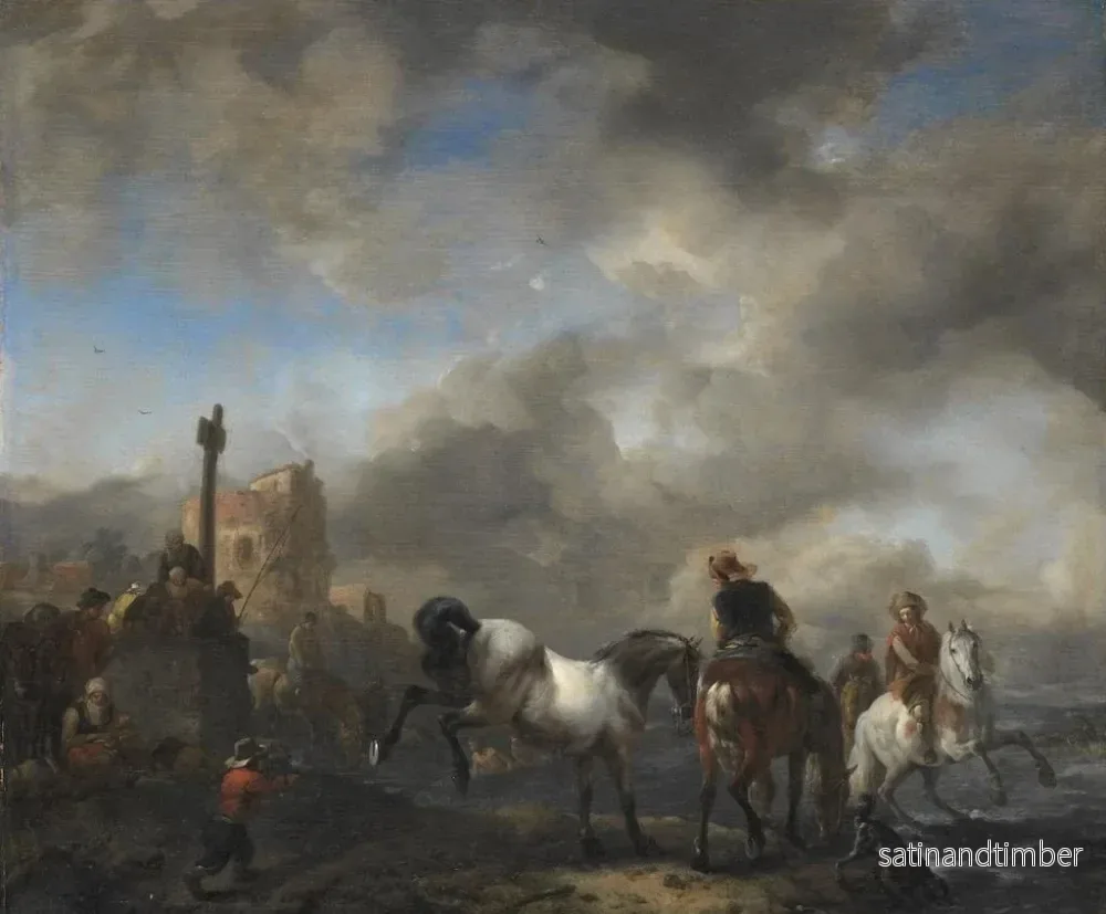 Reproduktion av målningen av en damm med hästar nära en gränssten - Philips Wouwerman - Bild 2