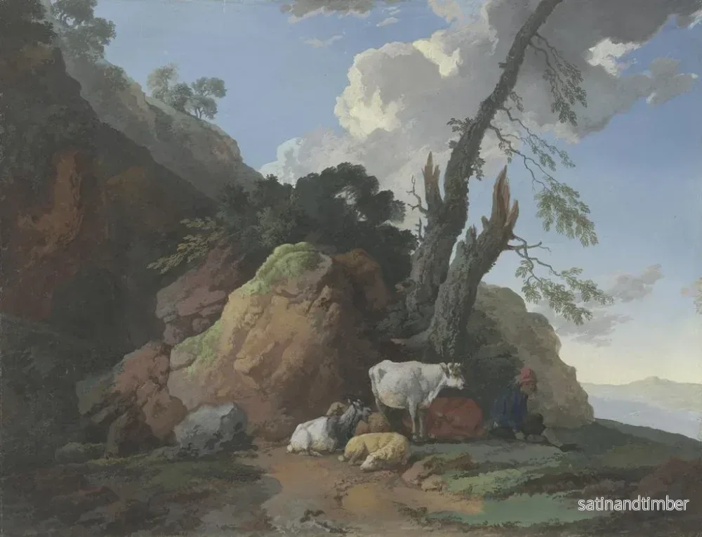 Reproduktion av målningen landskapsbild med klippa med en herde, två getter, två får och en get - Christian Wilhelm Ernst Dietrich - Bild 2