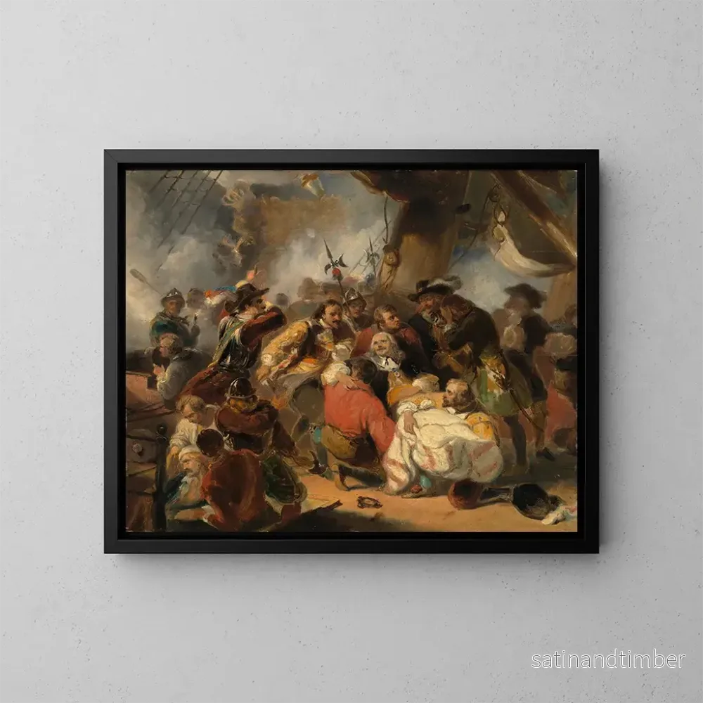 Reproduktion av målningen Michiel de Ruyter dödligt sårad i slaget vid Etna, 1676 – Nicolaas Pieneman
