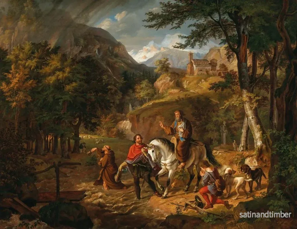Reproduktion av målningen Rodolphe de Habsbourg guidar en kyrklig person genom en bäck med den Heliga Nattvarden - Friedrich Wilhelm Müller - Bild 2