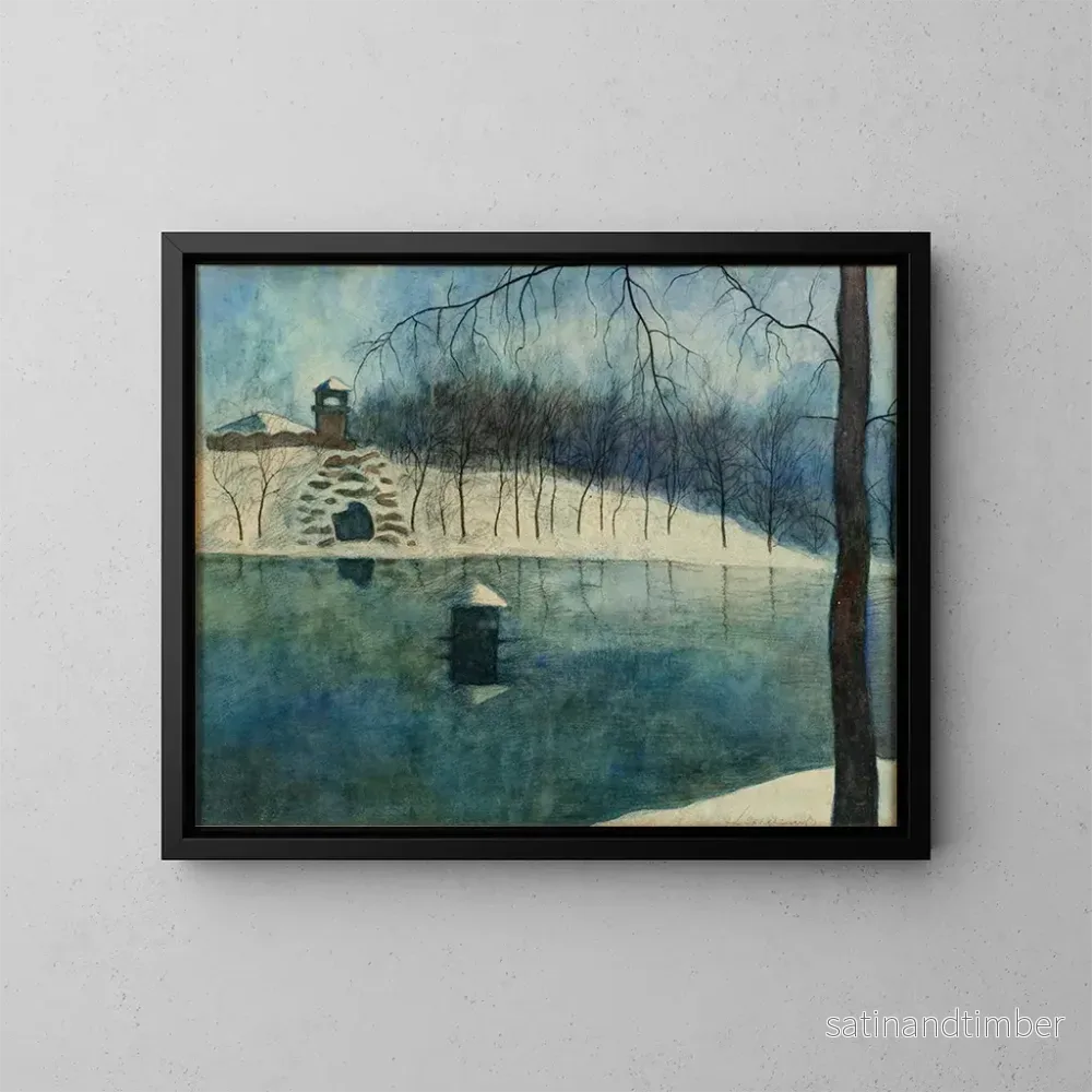 Reproduktion av målningen Le parc Léopold d’Ostende avec l’étang et le Trinkhall sous la neige – Léon Spilliaert Reproduktion av målningen Le parc Léopold d’Ostende avec l’étang et le Trinkhall sous la neige – Léon Spilliaert