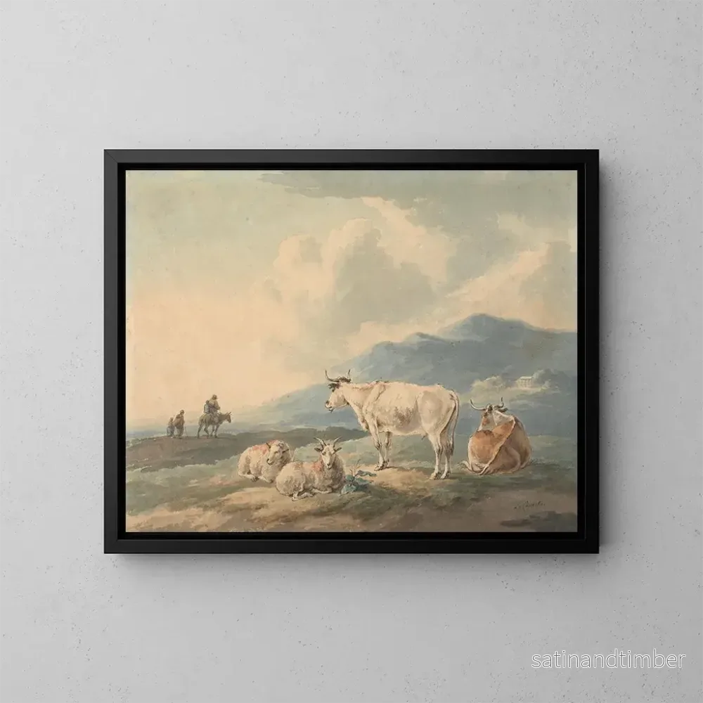 Reproduktion av målningen landskapsbild av berg med kor och getter i förgrunden och figurer till vänster - Peter La Cave
